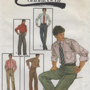 May include: Vintage fashion illustration featuring men's clothing. The image showcases various outfits, including shirts, pants, and ties. The color palette includes red, brown, green, and beige. The text "Connoisseur Collection" is visible at the top.