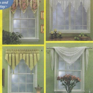 May include: Four window treatments are displayed against a green wall. The options include floral valances, lace curtains, and a sheer scarf valance. The windows are framed in white, with a variety of styles to choose from.