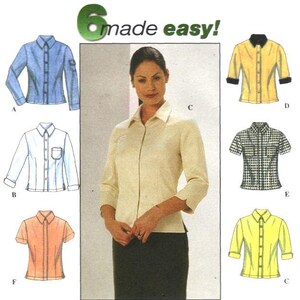 May include: A sewing pattern illustration titled 6 made easy! featuring six variations of a button-down shirt. The designs include long and short sleeve options in blue, white, orange, yellow, and a black and white checkered pattern with pockets.