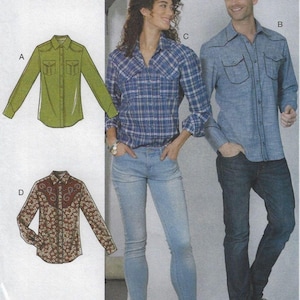 May include: Four different shirt designs, two for women and two for men. The shirts are all long-sleeved and have a button-down collar. The shirts are in various colors and patterns, including green, blue, plaid, and floral.