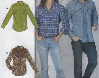 M7980 McCall's - Unisex Mens Western Semi-fit Shirt has yoke, collar & patch pockets with flaps - new sewing pattern - sz (S-L) or (Xl-Xxxl)