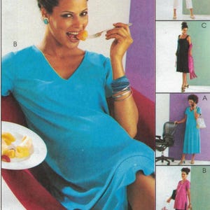 May include: A sewing pattern envelope titled 7 EASY PIECES featuring illustrations of various garments including a bright blue V-neck dress, a black sleeveless dress, a pink tunic, and white pants, showcasing multiple styling options for clothing.