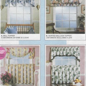 May include: Four window treatment styles: A blue and white bell topper, a floral skirted balloon topper, a yellow striped swag topper with cafe curtains, and a white curtain with green leaf patterns and a crescent topper with cafe curtains.