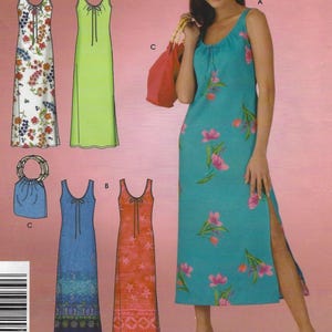 May include: A woman in a turquoise floral print dress with a side slit, holding a red bag. The image also shows dress pattern illustrations in white floral, green, blue, and coral colors. The dress patterns have a scoop neckline and tie detail.