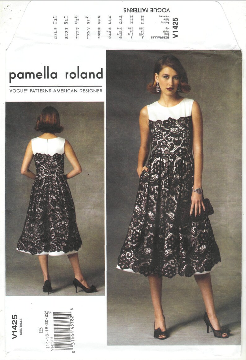 V1425 Vogue Pamella Roland Misses Lined Dress has pleated skirt whorsehair braid on hemline Sz A5 6-14 /& E5 14-22 new sewing pattern