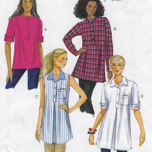 May include: Illustration of four tunic tops. A is a short-sleeved, pink tunic. B is a long-sleeved, red and black plaid tunic. C is a sleeveless, blue and white striped tunic. D is a short-sleeved, white tunic.