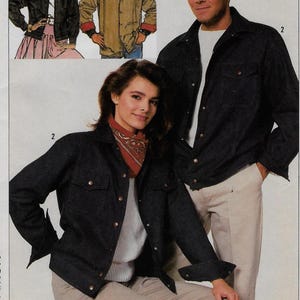May include: Two people wearing dark blue denim jackets. The woman is wearing a red bandana and beige pants. The man is wearing a white shirt and beige pants.