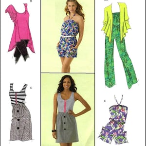 May include: A sewing pattern sheet featuring illustrations and photographs of various garments including a pink ruffled top, a blue floral romper, a green jumpsuit with a yellow cardigan, a striped tank top with a button-front skirt, and a purple floral romper.