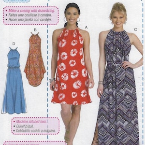 M7405 McCall's Learn 2 Sew - Misses Gathered Neckline Dresses has back neck slit, Ties & Belt - new sewing pattern - sz Y(Xs-M) or ZZ(L-Xxl)