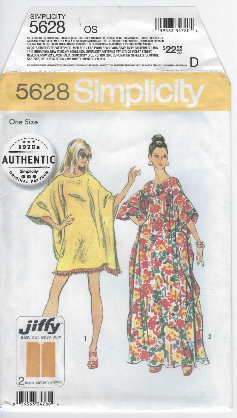 Simplicity Pattern5628 5628 Simplicity 1970's Jiffy Redux - Misses Caftan in 2 Lengths With ...