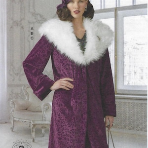 May include: A vintage-style purple velvet coat with a white faux fur collar. The coat features a floral pattern and is paired with a matching hat. The image also includes a small purse and a decorative chair.