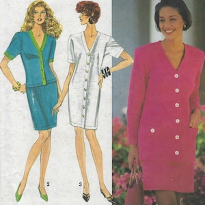 May include: A sewing pattern illustration featuring three garment designs: a teal two-piece skirt set with green trim, a white button-front dress, and a photograph of a person wearing a long-sleeved, fuchsia pink button-front jacket and matching skirt.
