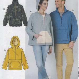May include: A sewing pattern featuring four different pullover jacket designs. The jackets include a camouflage print, a light blue with a hood, a blue with a collar, and a yellow hooded jacket. Each jacket has a front pocket and a zipper.