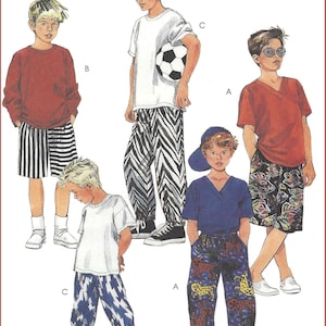 May include: A sewing pattern illustration featuring five outfits for youth. Styles include V-neck and crew neck t-shirts paired with shorts or long pants in various patterns like zebra stripes, animal prints, and lightning bolts. Text reads: T-SHIRT FOR STRETCH KNITS ONLY.