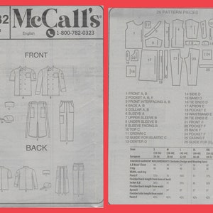 May include: A sewing pattern for a chef's uniform, including a jacket, pants, and a hat. The pattern includes 26 pieces and is available in sizes S, M, L, XL, and XXL. The pattern is from McCall's and has the pattern number M8332.