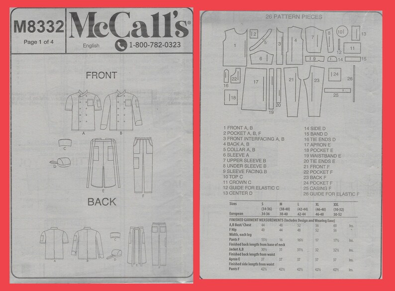 May include: A sewing pattern for a chef's uniform, including a jacket, pants, and a hat. The pattern includes 26 pieces and is available in sizes S, M, L, XL, and XXL. The pattern is from McCall's and has the pattern number M8332.