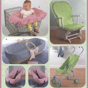May include: A collection of baby gear accessories including a pink shopping cart cover labeled E, a green rocking chair cushion labeled D, a blue patterned bassinet liner labeled A, a green stroller cover labeled B, and pink car seat covers labeled C.