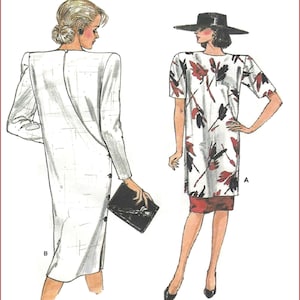 May include: A fashion illustration showing two dress styles. Style A is a short-sleeved white dress with a red and black floral print and a red hem. Style B is a long-sleeved white dress with a textured grid pattern and black side buttons.