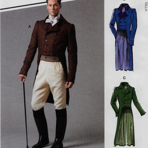 May include: A man in a brown double-breasted coat, cream-colored pants, and black boots, holding a cane. The image also shows illustrations of a blue and a green coat. The style is reminiscent of historical fashion.