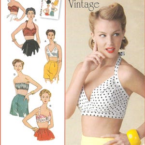 May include: A sewing pattern envelope titled 1950s Vintage featuring illustrations of various halter-style crop tops paired with skirts and shorts. The cover displays a white halter top with black polka dots, a yellow skirt, and a yellow bangle.