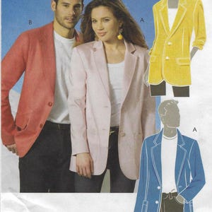 May include: A fashion image featuring a man and a woman wearing blazers. The man wears a coral blazer over a white shirt, while the woman wears a light pink blazer. Illustrations show a yellow and a blue blazer.