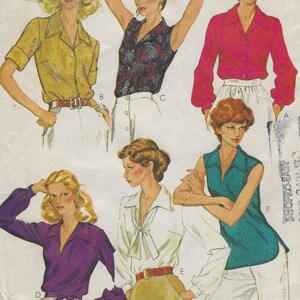 May include: Vintage sewing pattern featuring illustrations of six different blouses. The blouses are in various colors, including yellow, red, purple, and teal, and have different sleeve lengths and styles. The pattern is labeled "Quick & Easy" and "Pattern/Patron."