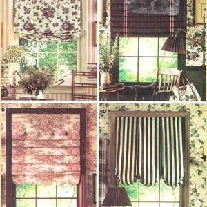 May include: Four window treatments displayed in a grid. A shows a floral print roman shade. B features a dark red and green plaid roman shade. C displays a pink and white toile patterned scalloped shade. D shows a black and white striped scalloped shade.