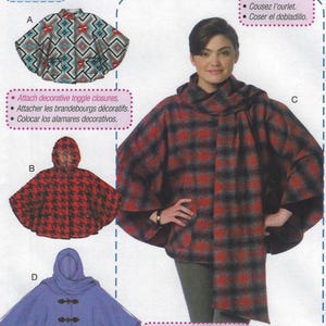May include: A sewing pattern for beginner cape designs. The image shows four cape designs: a geometric pattern, a red and black houndstooth, a plaid cape, and a blue cape with toggle closures. The text includes sewing instructions.