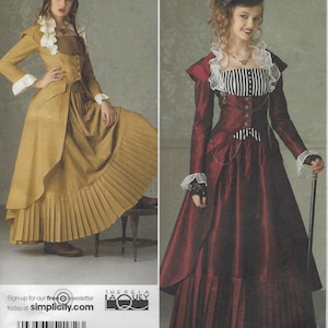 May include: Two women's steampunk-style dress patterns. One dress is mustard yellow with a pleated skirt and white ruffled collar. The other is burgundy with a black and white striped bodice and pleated skirt. The patterns are from Simplicity.