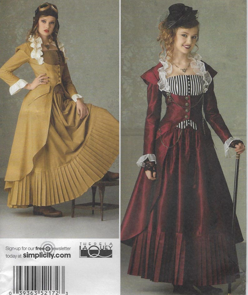 May include: Two women's steampunk-style dress patterns. One dress is mustard yellow with a pleated skirt and white ruffled collar. The other is burgundy with a black and white striped bodice and pleated skirt. The patterns are from Simplicity.
