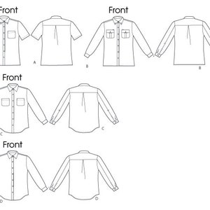 May include: Line drawings of four different button-down shirt styles. The shirts are shown from the front and back, with short and long sleeves, and varying pocket designs. The image is a technical illustration for sewing patterns.