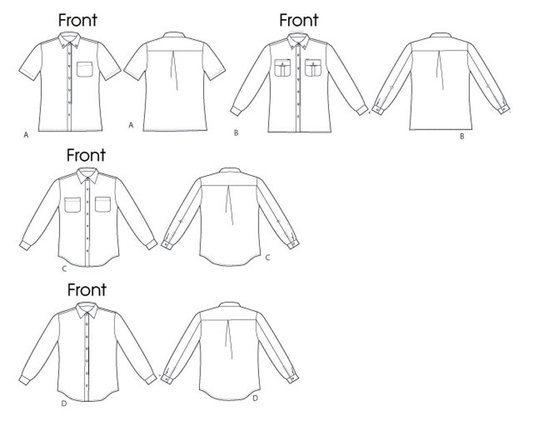 May include: Line drawings of four different button-down shirt styles. The shirts are shown from the front and back, with short and long sleeves, and varying pocket designs. The image is a technical illustration for sewing patterns.