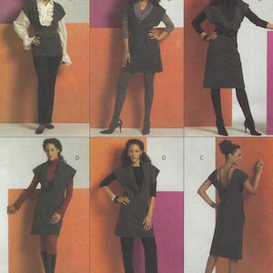 May include: A sewing pattern instruction sheet featuring six variations of a dark gray sleeveless tunic or dress. The designs show different styling options including layering with long-sleeve shirts, blouses, and pants, labeled with letters A, B, C, and D.