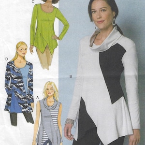 May include: A sewing pattern envelope featuring four variations of a long-sleeved or sleeveless tunic top with a cowl neckline and an asymmetrical hemline. The designs include a solid lime green top, a blue patterned top, a striped top, and a black and white top.