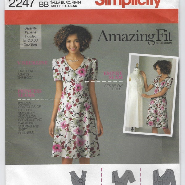 2247 Simplicity - Misses Dress has v-neckline, empire waist & princess seams w/sleeve no sleeve options - uncut sewing pattern - sz AA or BB