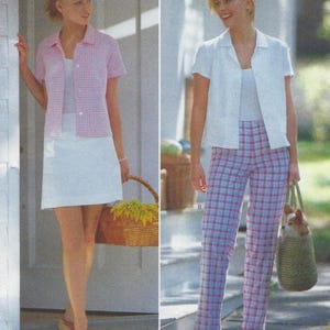 May include: Two outfits featuring short-sleeved collared button-down shirts. The first outfit includes a pink and white gingham shirt with a white skirt. The second outfit features a solid white shirt paired with pink and blue plaid trousers.