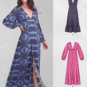 May include: A woman wearing a long, blue dress with a floral pattern and a thigh-high slit. The dress has long sleeves and a V-neck. The image also shows two dress patterns, one navy blue and one pink, with the word "easy" at the top.