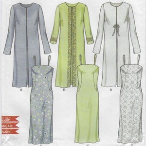 May include: An illustration of women's clothing patterns. The image shows three long-sleeved dresses and three slip dresses. The long dresses are in gray, green, and white. The slip dresses are in patterned and solid colors.