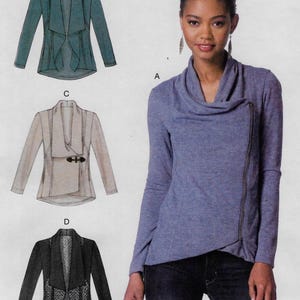May include: A woman wearing a blue long-sleeve top with a draped cowl neck and an asymmetrical zipper. The image also shows three illustrations of jackets: a teal jacket, a beige jacket with a buckle, and a black jacket with lace.