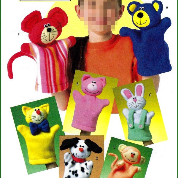 May include: A collection of seven animal hand puppets labeled Soft Stuff, including a red mouse with stripes, a blue bear, a pink pig, a yellow cat with a blue bow tie, a white and black spotted dog, a tan monkey, and a white rabbit with green overalls.