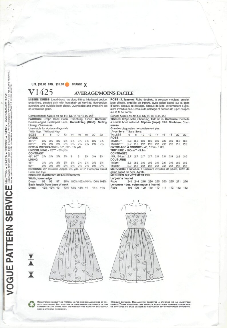 V1425 Vogue Pamella Roland Misses Lined Dress has pleated skirt whorsehair braid on hemline Sz A5 6-14 /& E5 14-22 new sewing pattern