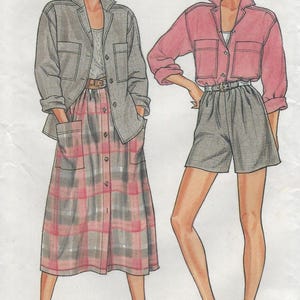May include: A sewing pattern illustration labeled FAST & EASY featuring two outfits. One shows a gray collared jacket over a pink and gray plaid skirt with pockets. The other shows a pink collared shirt tucked into gray high-waisted shorts.