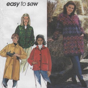 May include: An image of a sewing pattern featuring four different coat and jacket designs. The coats are in various colors, including yellow, red, and a patterned design. The text "easy to sew" is at the top of the image.