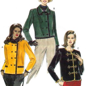 May include: A fashion illustration featuring three jackets. Jacket A is a yellow double-breasted jacket with black trim. Jacket B is a green double-breasted jacket with dark trim. Jacket C is a black jacket with gold frog closures and trim.