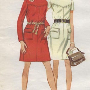 5424 Butterick - Misses dress has yoke and Jewel neckline, patch pocket with flap & sleeve options - cut to size sewing pattern - sz 12 -Vtg