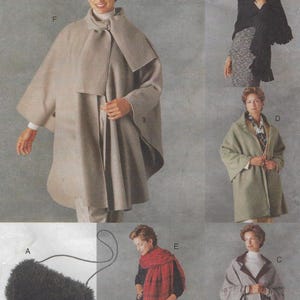 May include: A sewing pattern for a variety of capes and shawls. The pattern includes instructions for making a long, hooded cape, a shorter cape with a collar, a shawl with a fringe, and a scarf. The pattern is illustrated with photos of models wearing the finished garments.