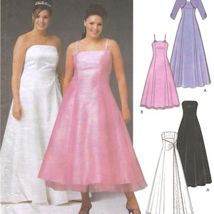 May include: A sewing pattern envelope featuring illustrations and photographs of floor-length dresses. The designs include strapless gowns, a dress with thin straps, and a dress with a matching bolero jacket, labeled with letters A, B, and C.