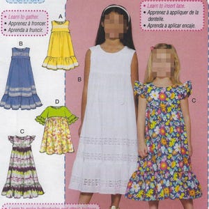 May include: A sewing pattern for beginner dresses. The image shows four dress designs: a yellow dress, a blue dress, a tie-dye dress, and a floral dress. The text reads "Learn to Sew FOR FUN" and includes instructions for gathering, inserting lace, and making buttonholes.