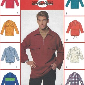 May include: A sewing pattern envelope titled 8 GREAT LOOKS 1 EASY PATTERN featuring illustrations of eight different long-sleeve pullover shirts with collars, zippers, and pockets, alongside a central image of a person wearing a maroon pullover.