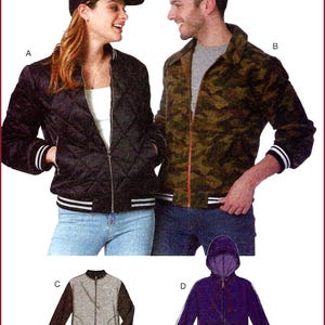 May include: A collection of four jackets including a black quilted bomber jacket with striped cuffs, a camouflage print jacket with a collar, a grey jacket with dark sleeves, and a purple hooded zip-up jacket with red and black striped cuffs.
